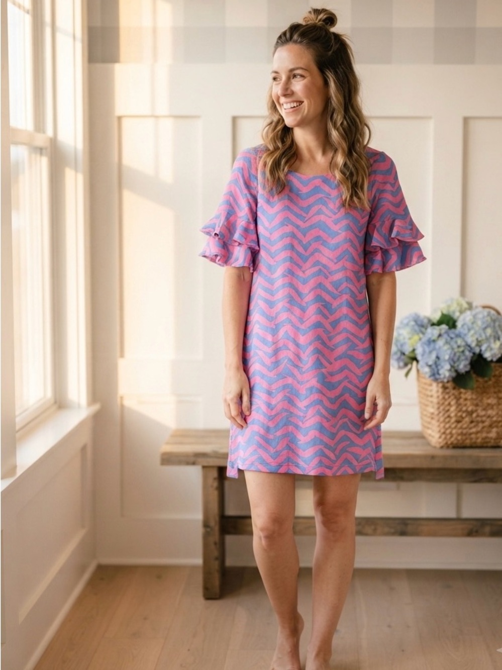 Lilly Pulitzer Pink and Purple Shift Dress with Ruffle Sleeves XXS